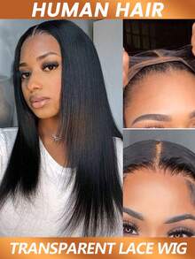 直发真人发假发，层次剪裁，4*4蕾丝闭合，透明蕾丝，自然黑，女士款，180%密度 - Natural Black - 查看 4