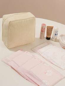 1 pieza Bolsa portátil de almacenamiento de toallas sanitarias de pana, bolsa con cierre de cremallera para productos menstruales, organizador de tampones de pana suave, bolsa con gran capacidad para artículos de higiene femenina con forro, caja de almacenamiento de toallas sanitarias minimalista y de moda, adecuada para viajes, bolso, escritorio de oficina, bolsa de gimnasio, transporte diario, organización de artículos esenciales de trabajo - Multicolor - Ver 5