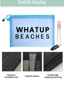 彩色防水网眼沙滩包，印有“WHATUP BEACHES”字样，沙滩主题，大容量透明化妆包，尼龙拉链洗漱包，轻便易携，可装防晒霜、零食、比基尼和沙滩必备用品。 - 彩色 - 查看 10