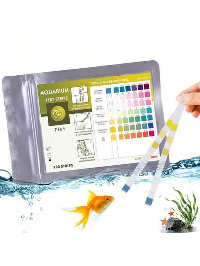 50/100 que thử chất lượng nước hồ cá, que thử chỉ thị dùng cho hồ cá, bể bơi, spa và bể thủy sinh, dùng để kiểm tra độ pH, độ kiềm, nitrit, nitrat, clo, cacbonat và độ cứng.