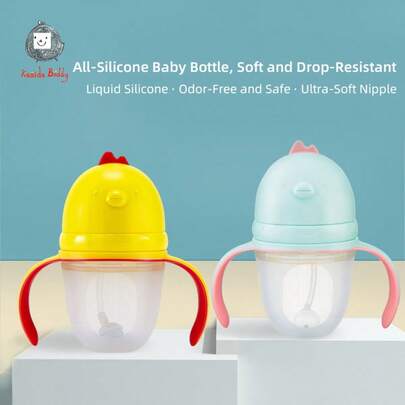 1pc Silicone Baby Bottle, Super Soft Anti-Drop Wide Mouth Design, 150ml/240ml Capacity, With Gravity Ball Straw, Anti-Colic Breastfeeding Nipple, Temperature Resistant -20°C~120°C, Multiple Colors Available, Suitable For Newborns And Above Daily Use