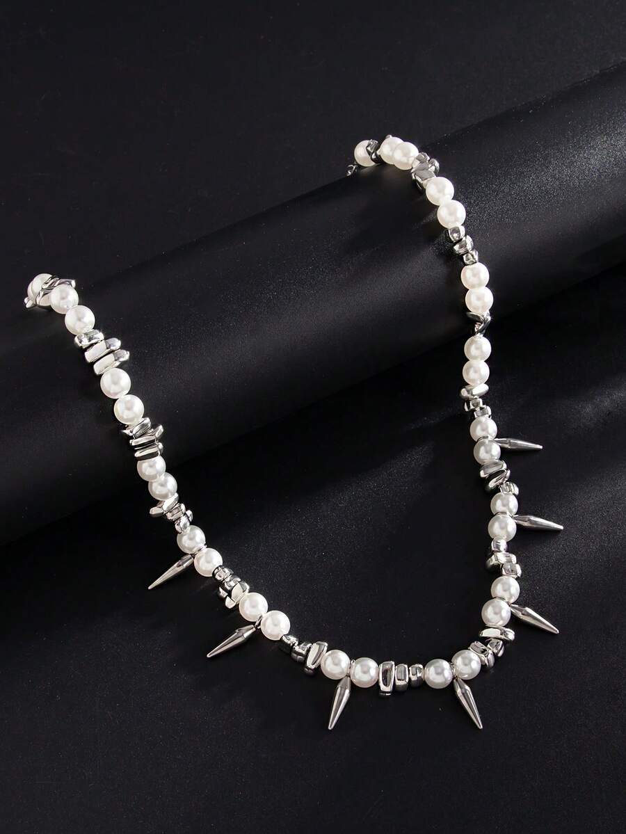 1pc Fashionable Punk Metal Rivet & Bead Necklace, Faux Pearl Choker, Casual Daily Wear For Men, Versatile Jewelry, Ideal Holiday Or Birthday Gift - Silver - View 1