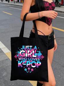 帆布手提袋，印有“Just A K-Pop Lover Girl”字样，大容量K-Pop粉丝单肩包，粉丝周边礼品，通勤购物袋，可折叠休闲杂货袋，适合音乐爱好者，适用于旅行、演唱会、粉丝活动、派对、工作、日常使用，粉丝礼物，韩剧粉丝的理想生日礼物，大学生，偶像周边，节日礼物，演唱会礼物 - 彩色 - 查看 7