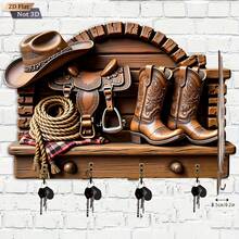 1pc 2D Flat Western Cowboy Theme Metal Key Hook - Multifunctional Decorative Key Hook With 4 Metal Hooks, Wall Decor, Room Decor, All-Season Home Decor, Suitable For Porch, Hallway!! - Multicolor - View 3