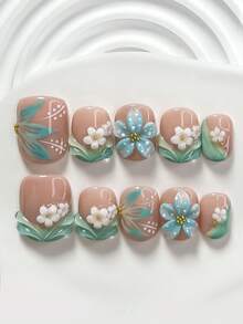 10件套森林乡村风凝胶美甲套装，包含亚克力美甲贴纸、手工蓝色波点五瓣花美甲装饰、白色不对称山茶花、手绘蓝色镂空花卉、纯色水波纹美甲装饰、蓝绿色指甲油，甜美仙女风，内含美甲工具（1张果冻贴纸+1个指甲锉），三种尺寸可选：方形、短方形、杏仁形 - 彩色 - 查看 11