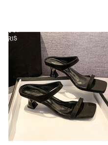 女士方头系带小猫跟凉鞋，豹纹仙女风格，夏季面料鞋面户外高跟凉鞋 - 黑色 - 查看 10