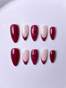 10片手工杏仁形短款美甲贴片，法式美甲，假指甲，杏仁形指甲，红色、粉色、棕色、白色、黑色、豹纹，可爱美甲，手绘渐变条纹和花卉装饰，点缀双星和水钻，优雅可爱，附赠美甲工具，适合女性和女孩美甲用品，手工美甲贴片 - 紅色 - 查看 3