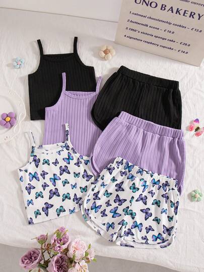 6pcs/Set Baby Girls' Summer New Fashion Butterfly & Solid Color Print Camisole Top And Shorts Cute Outfit, Suitable For Outdoor Wear