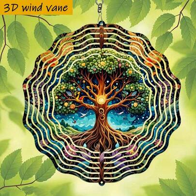 1pc 3D Tree Of Life Wind Chime With 360° Rotating Hook - 10 Inch Iron Outdoor/Indoor Hanging Decor With Birds, Flowers, Leaves And Beads - DIY Wind-Powered Garden, Wedding, Christmas Decoration (No Battery/Power Required) - Durable Metal Art Piece For Patio, Balcony, Entryway (Pendant Not Included), Random Style