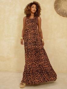 Vestido Longo Estampado Animal Print Feminino com Alça Regulável e Caimento Leve - Marrom - Visão 2