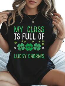 Plus Size, Women's Plus-Size T-Shirt, Size 0XL-5XL, New Year Gift For 2026, Women's Fun Teacher St. Patrick's Day T-Shirt-"My Class Full Of Lucky Charms" Irish Theme, Jar With Clover And Golden Iconic-Black With Green Clover, Short Sleeve Crewneck - màu đen - Xem 1