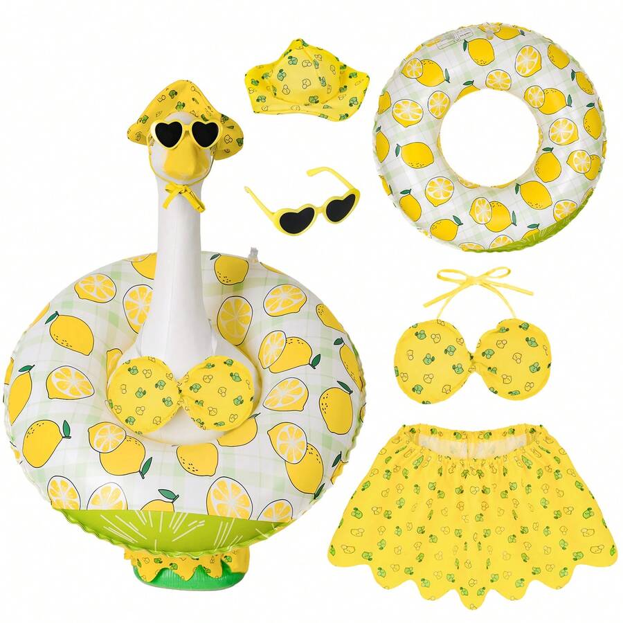 Decoración de ganso de patio estilo hawaiano, adecuado para esculturas de ganso de 23 pulgadas, incluye sombrero, gafas de sol y flotador, adecuado para decoración de patio de cemento (color limón)