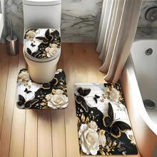 1/4 Set Of Fashionable Marble-Effect Butterfly Shower Curtain Set, Bathroom Decorations And Accessories, Anti-Slip Bathroom Floor Mat, U-Shaped Carpet, Toilet Seat Cover, 70.9*70.9in Shower Curtain Cord, 12 Durable Hooks, Exquisite Holiday Gift - G - View 4