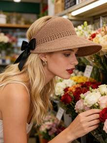 女士宽檐草编遮阳帽，可卷起马尾辫，夏季沙滩帽，防紫外线，UPF，可折叠，旅行必备，波西米亚风蝴蝶结 - 彩色 - 查看 4