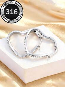 Light Luxury Exquisite Diamond-Encrusted Heart Hoop Earrings, Dazzling And Elegant Design, 316 Stainless Steel Jewelry, Lightweight Eye-Catching Accessories, Suitable For Women's High-Quality Low-Fading Minimalist Earrings For Commuting, Available In Gold And Silver, Perfect For Parties And Daily Wear, Ideal Gift Choice - Heart-shaped - View 10