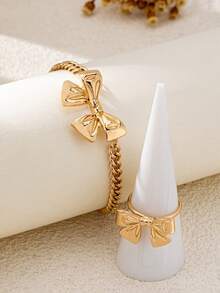 Set de 2 piezas de pulsera y anillo con lazo, de estilo sencillo y dulce, adecuado para uso diario y citas de mujeres - Dorado - Ver 3