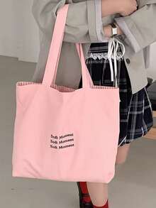 Back To School Early Spring Korean Minimalist Striped Reversible Fashion Student Commute Casual Tote Bag - Pink - View 4