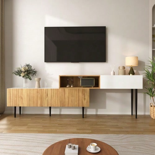 Modern TV Stand, Adjustable Length, Two-Piece Modular Design, Wood Grain Finish With Matte White Panel And Black Metal Legs, Multifunctional Living Room Furniture - Khaki - View 6