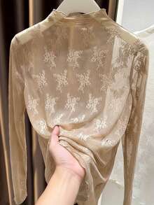 Camiseta interior de cuello alto de encaje para mujer, elegante blusa de manga larga de malla casual para primavera - Caqui - Ver 5