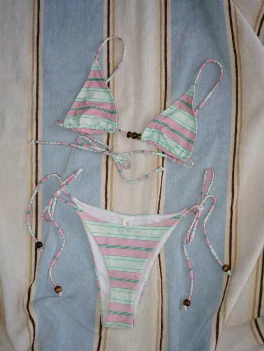 Bộ bikini nữ mùa hè mới, kẻ sọc, thời trang, gợi cảm, thích hợp cho kỳ nghỉ biển, hẹn hò, dự tiệc. - Màu Hồng San hô - Xem 1
