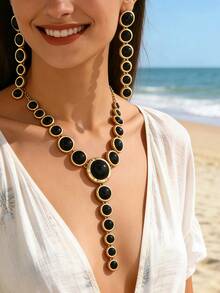 Bộ trang sức nữ 2 món - Dây chuyền và hoa tai hình chữ Y kết hợp xoắn ốc bất đối xứng màu đen hình bầu dục bằng acrylic, phong cách cổ điển thanh lịch, thích hợp đeo hàng ngày, ngày lễ, tiệc tùng - bạc + đen - Xem 11