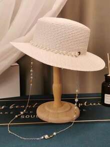 1pc Women's French Elegant Anti-UV Straw Hat With Pearl, Graceful Pearl Hat, Unisex Straw Hat, Suitable For Beach Vacation Bohemian - Pearl Multicolor - View 12