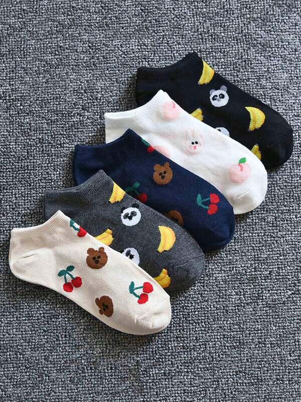 5 pares de calcetines casuales de corte bajo, delgados y con diseño de frutas y osos de dibujos animados para mujeres