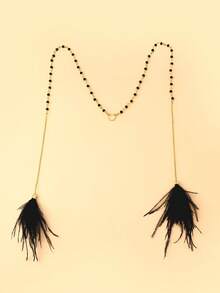 1pc Gold Party Outfit Black Beaded Face Chain, Black Feather Tassel Nose Ring Clip-On Accessory - Gold - View 2