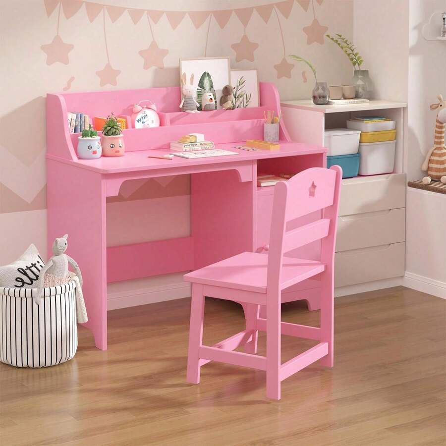 Juego de computadora y Silla para niños, computadora de Estudio para niños con Cabina, gabinete de Almacenamiento, Mesa Estudio de Madera para niños, computadora de Escritura para. - Rosa - Ver 1