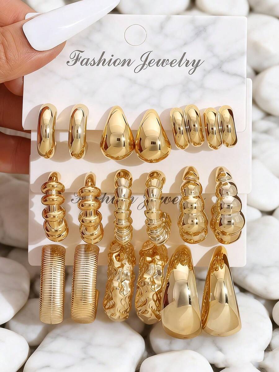 1 Set Fashionable Minimalist Retro CCB Metal Twisted Stripe Geometric Pattern Multi-Element Earrings Set, Suitable For Women's Daily Wear, Birthday Gift For Friends - Yellow Gold - View 1