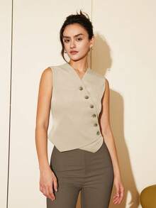 Áo khoác gile ngắn dáng casual mùa xuân/hè dành cho nữ của Amyenjoylife, cài khuy chéo, phong cách cổ điển sang trọng, thích hợp cho các buổi tiệc tùng và công sở. - Màu be - Xem 6