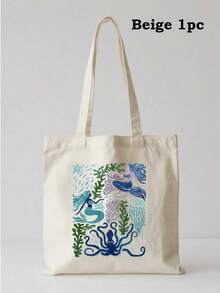 海洋生物印花帆布手提袋，轻便可重复使用，适合泳池度假日常必备 - 彩色 - 查看 28