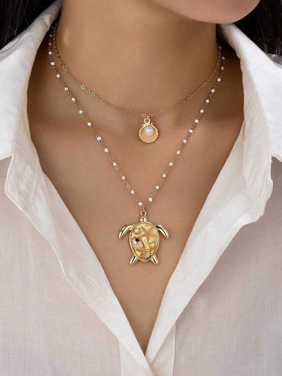 Bộ 2 dây chuyền nhiều lớp phong cách biển mùa hè dành cho nữ - Dây chuyền tráng men mảnh mai với mặt dây chuyền hình vỏ sò và rùa - Trang sức phong cách nghỉ dưỡng Bohemian - Bộ dây chuyền ngọc trai hình rùa biển - Xem 1
