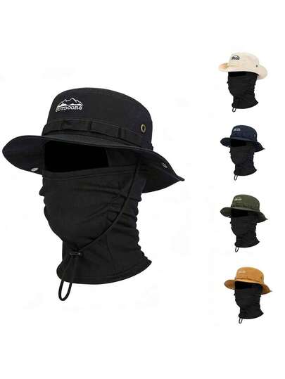 2pcs Solid Color Graphic Letter Embroidered Bucket Hat With Matching Face Cover Set, Polyester Blend Sun Protection Hat Suitable For Outdoor, Hiking, Camping, Travel, Great Gift For Family, Friends, Boyfriend/Girlfriend, Christmas, Mother's Day, Father's Day, Teacher's Day, Birthday