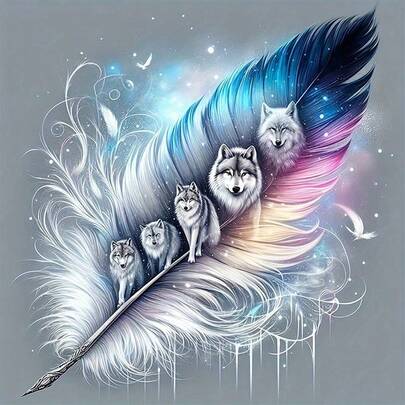 Bộ tranh đính đá 5D tự làm hình bầy sói và lông vũ, 1 bộ, [30*30cm/11.8*11.8in] [40*40cm/15.7*15.7in], Thích hợp cho người lớn mới bắt đầu tự làm tranh ghép đá, tranh thủ công đính đá toàn bộ, trang trí tường cho phòng khách, phòng ngủ, văn phòng, quà tặng bất ngờ cho gia đình và bạn bè, không khung.