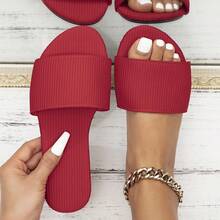 女士时尚平底凉鞋，春夏沙滩防滑可爱拖鞋，条纹平底凉鞋，优雅欧美风一脚蹬凉鞋 - 紅色 - 查看 12