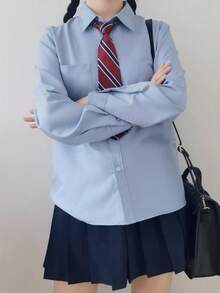 Women's Long-Sleeved Shirt, Regular Collar, Solid Color, With Pocket, Comes With A Striped Tie Set, Slim Fit, Flattering Silhouette, Light Blue, Casual, Office, School, Daily Wear, Date, Spring, Summer, Autumn, Winter, Easy To Wear. - Blue - View 6