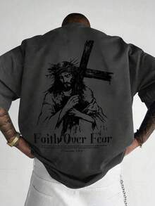 Camiseta casual de manga corta con cuello redondo y estampado de lema de la cruz de Jesús para hombres - Gris - Ver 1