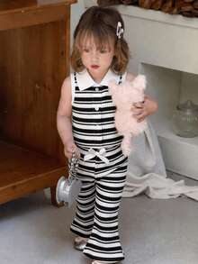 两件套婴儿条纹背心配可爱蝴蝶结和喇叭裤套装 - 黑色 - 查看 5