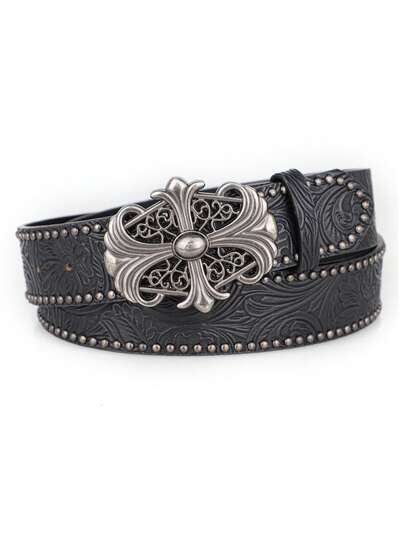 1条男士复古波西米亚风腰带 - 时尚黑色仿皮腰带，配复古镂空扣 - 男女皆宜的个性时尚腰带，朋克摇滚Y2K风格 - 百搭牛仔裤、连衣裙、休闲装和派对装