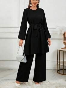 女士纯色圆领扭褶灯笼袖上衣搭配阔腿裤休闲套装 春季黑色 - 黑色 - 查看 1