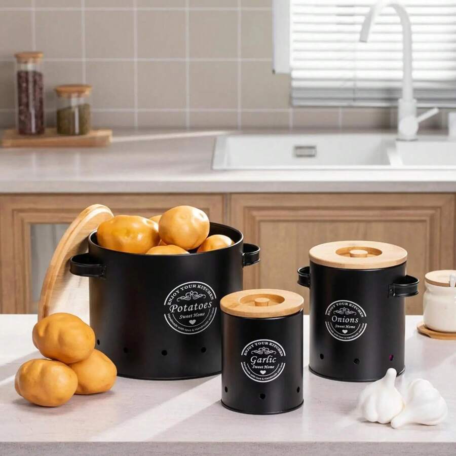 3pcs Potato & Onion Storage Containers With Handles, Garlic & Potato Storage Box Set, Wooden Lid Metal Cans, Kitchen Supplies - Multicolor - View 1
