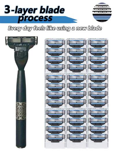 Afeitadora manual para hombres, con 3 capas de cuchillas de acero inoxidable afiladas, mango antideslizante de metal compatible con MACH 3, herramienta de afeitado clásica de alta gama para uso diario de los hombres