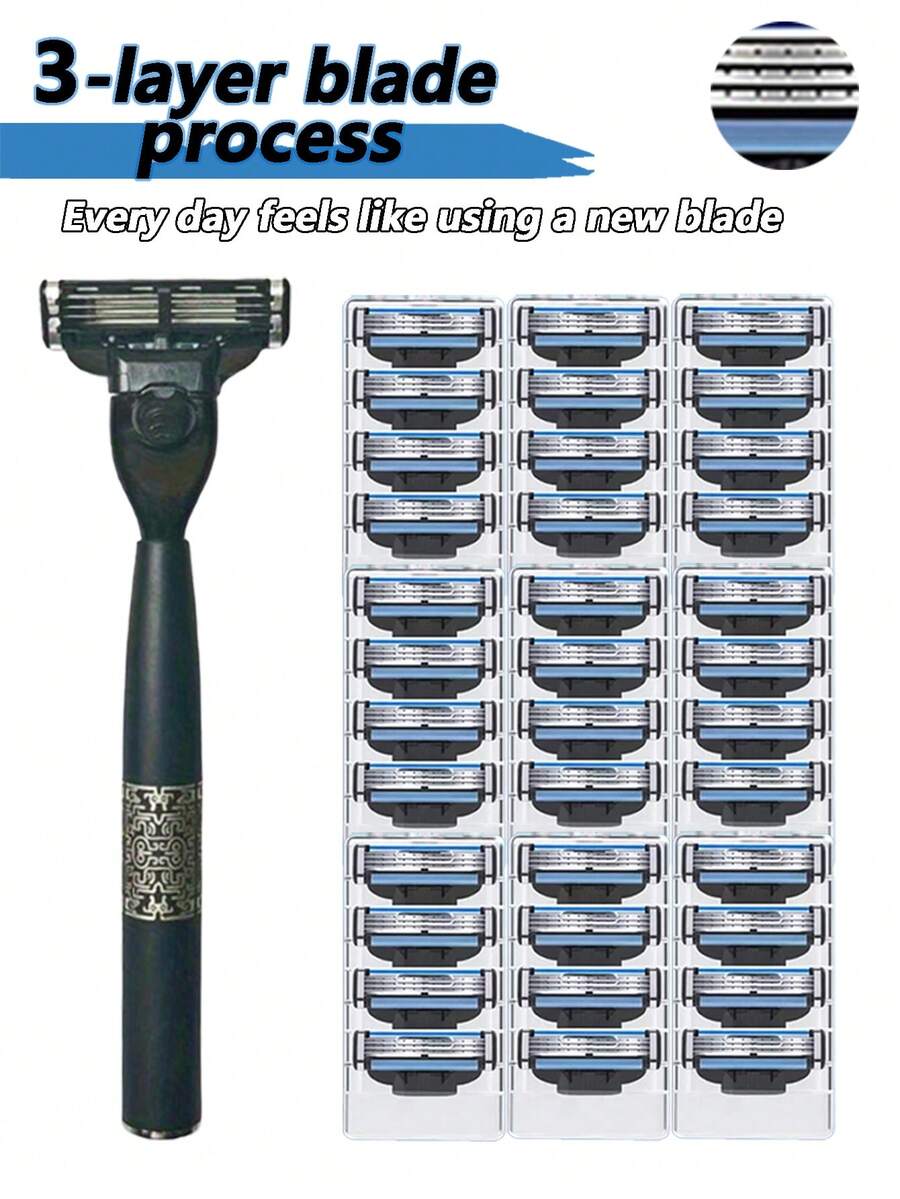 男士手动剃须刀，三层锋利不锈钢刀片，金属防滑手柄，兼容 MACH 3，带防滑手柄，高端经典日常男士剃须工具 - 安全剃刀 - 查看 1