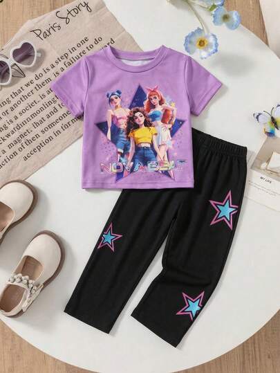 Bộ đồ bé gái in hình nhóm hoạt hình và họa tiết ngôi sao, gồm áo tay ngắn nhẹ và quần ôm, năng động cho trang phục hàng ngày, mùa hè.