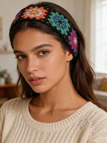 1 pieza Diadema de ganchillo hueca con flor y elástico, accesorio de fotografía para mujer, diadema de ganchillo con flor para protección solar, regalo del Día de la Madre, accesorios de verano para el cabello, bandana de playa para mujer - Multicolor - Ver 2