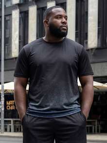 Plus Size Round Neck Short Sleeve Tee, Lightweight Icy Silk Gradient Color, Suitable For Summer - Black - View 3