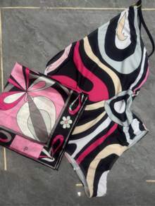 2026 New Retro Abstract Print Bikini Set Pink Black Color Block Tie-Up Beach Vacation Swimsuit - Red - View 4