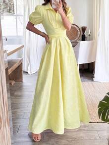 Lily House 女士柠檬黄印花衬衫裙，泡泡袖，系带腰身长裙，优雅百搭，适合春夏、度假、约会、早午餐、婚礼宾客等场合。 - 黃色 - 查看 4