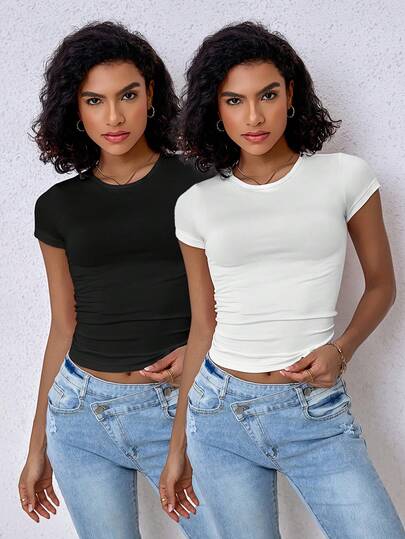 2pcs Women's Round Neck Short Sleeve T-Shirt, New Summer Fashion Solid Color Casual Fitted Cropped Top